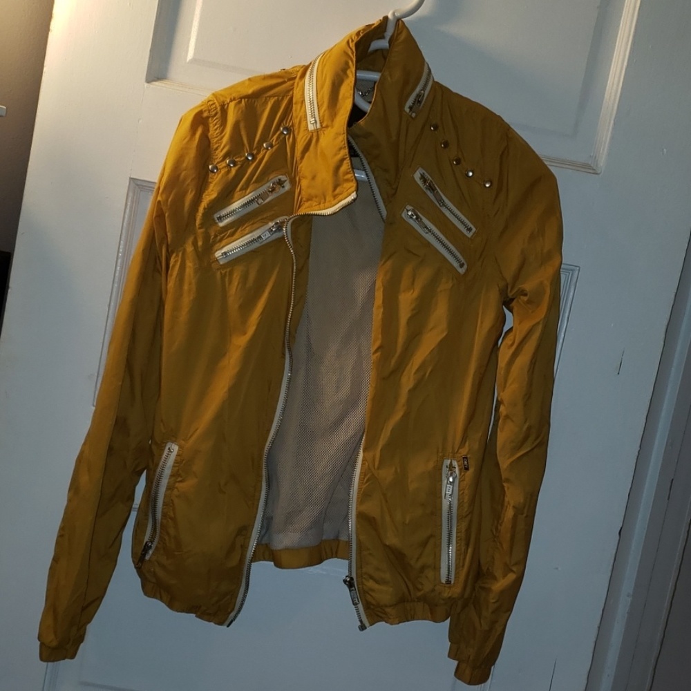 Obey XS rain jacket zipper hood mustard color